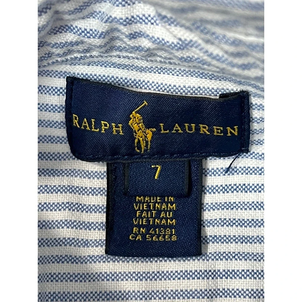 Ralph Lauren Shirt Boys 7 Blue White Striped Oxford Button Down long sleeve EUC